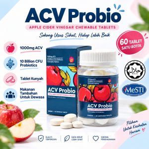 ACV Probio ANXIONOMO, botol 60 tablet kunyah cuka epal dan probiotik dengan kotak produk