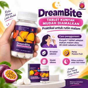 DreamBite ANXIONOMO perisa passion fruit, botol 30 tablet kunyah untuk rutin malam orang dewasa