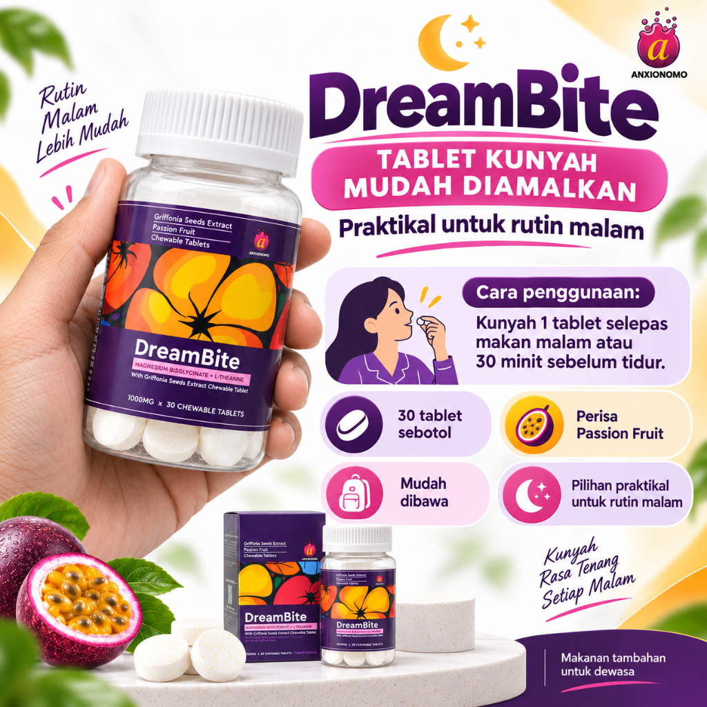 DreamBite ANXIONOMO perisa passion fruit, botol 30 tablet kunyah untuk rutin malam orang dewasa
